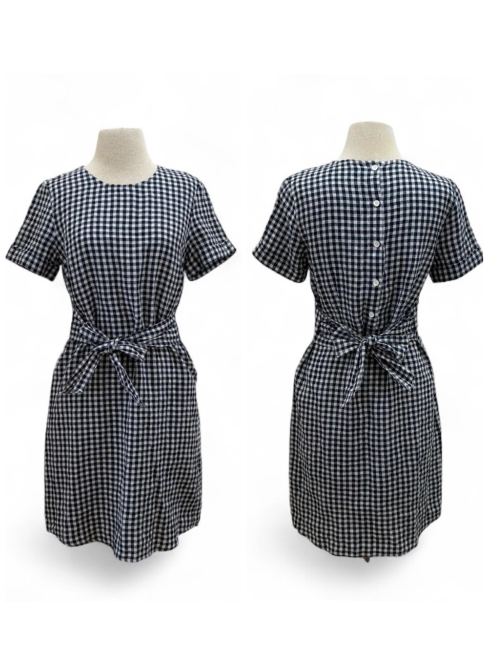 J.MCLAUGHLIN $198 Sadie Gingham Navy/White Linen Tie Waist Summer Dress Sz Small